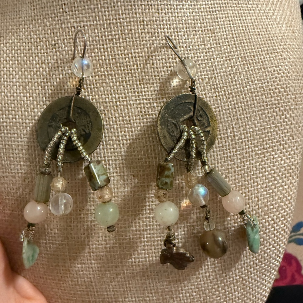 Artisan‎ Bronze Green Dangle Drop Statement Earrings Unique Boho